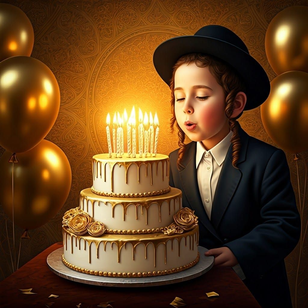 Happy Hasidic Boy Blows Out Candles on Golden Birthday Cake