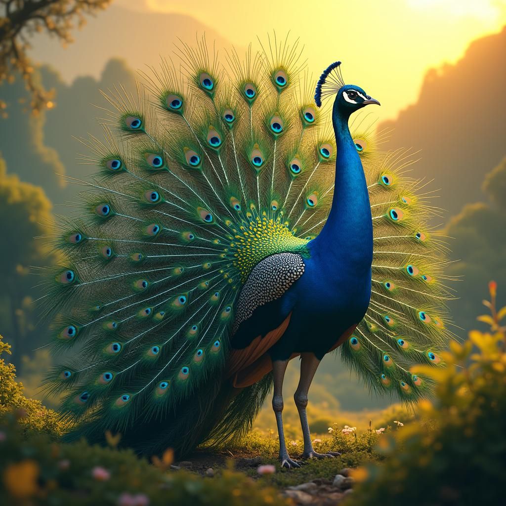 Majestic Peacock Spreads Wings in Golden Landscape