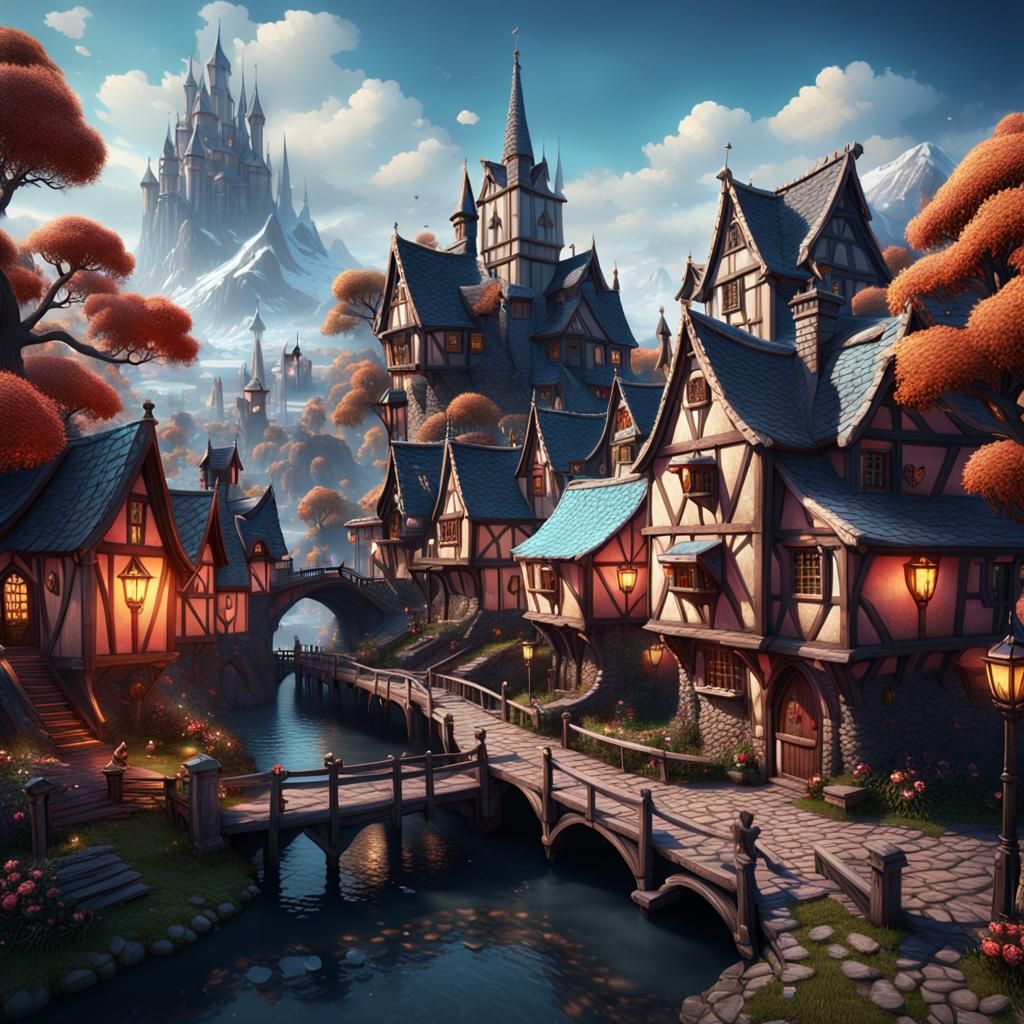 Valentine Village in Detailed Matte Painting Style