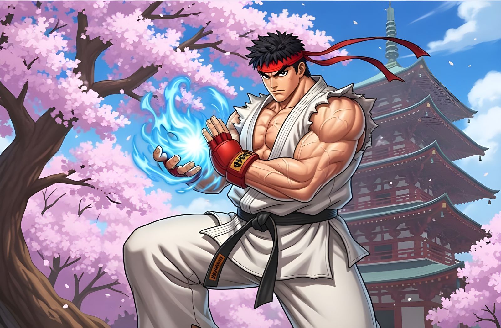 Street Fighter Ryu Generating Blue Fireball at Pagoda