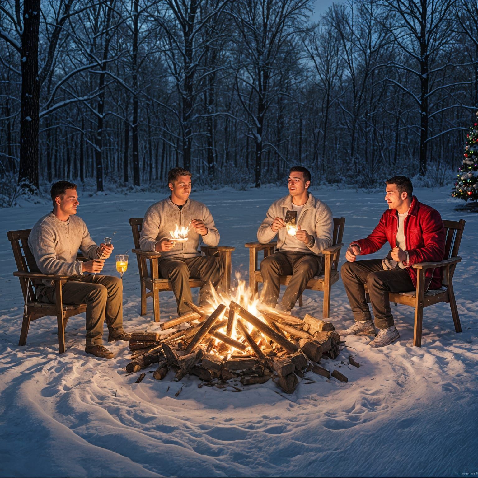 Muscular Men Gather Around Winter Bonfire Making S'mores