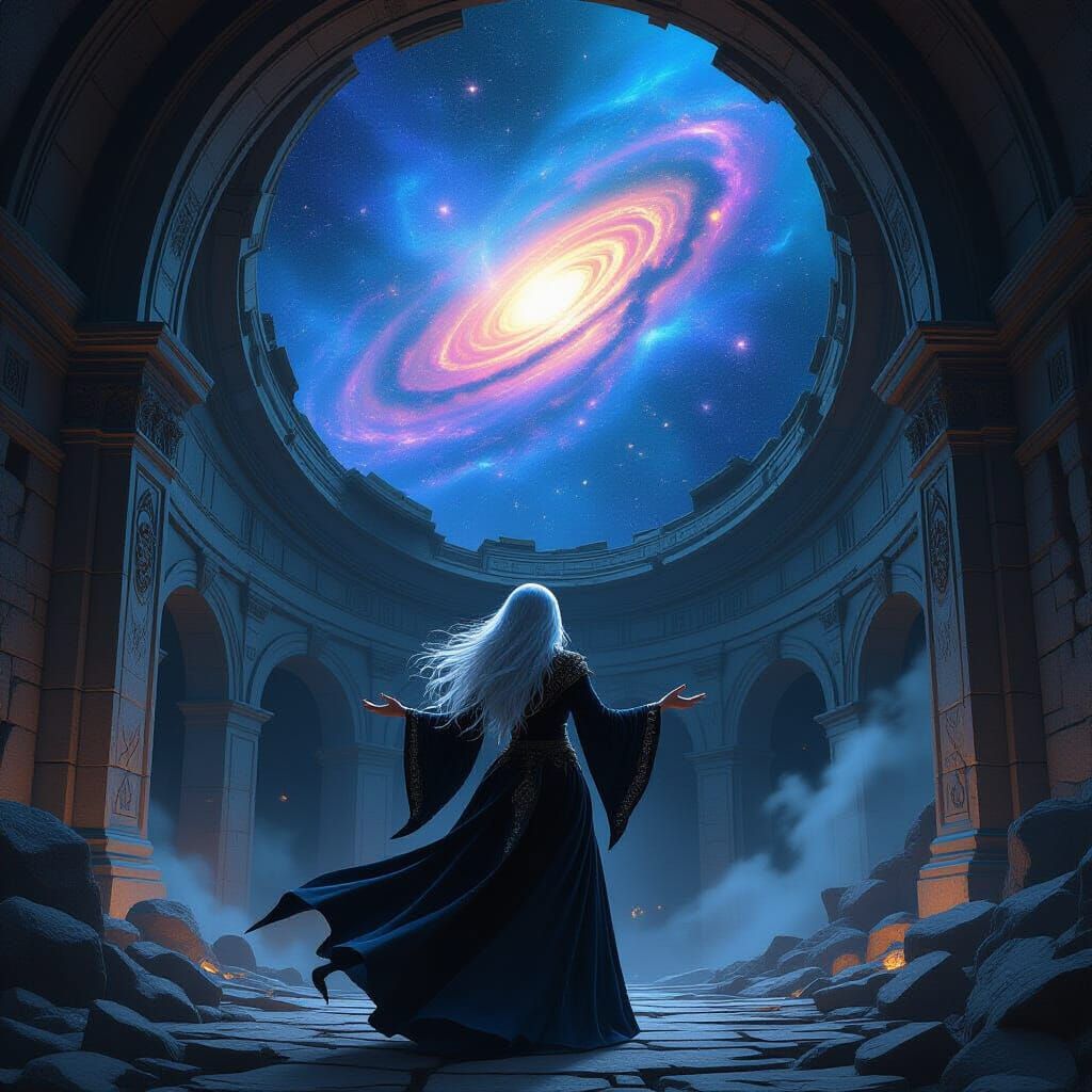 Sorceress Gazes at Nebula in Ancient Observatory