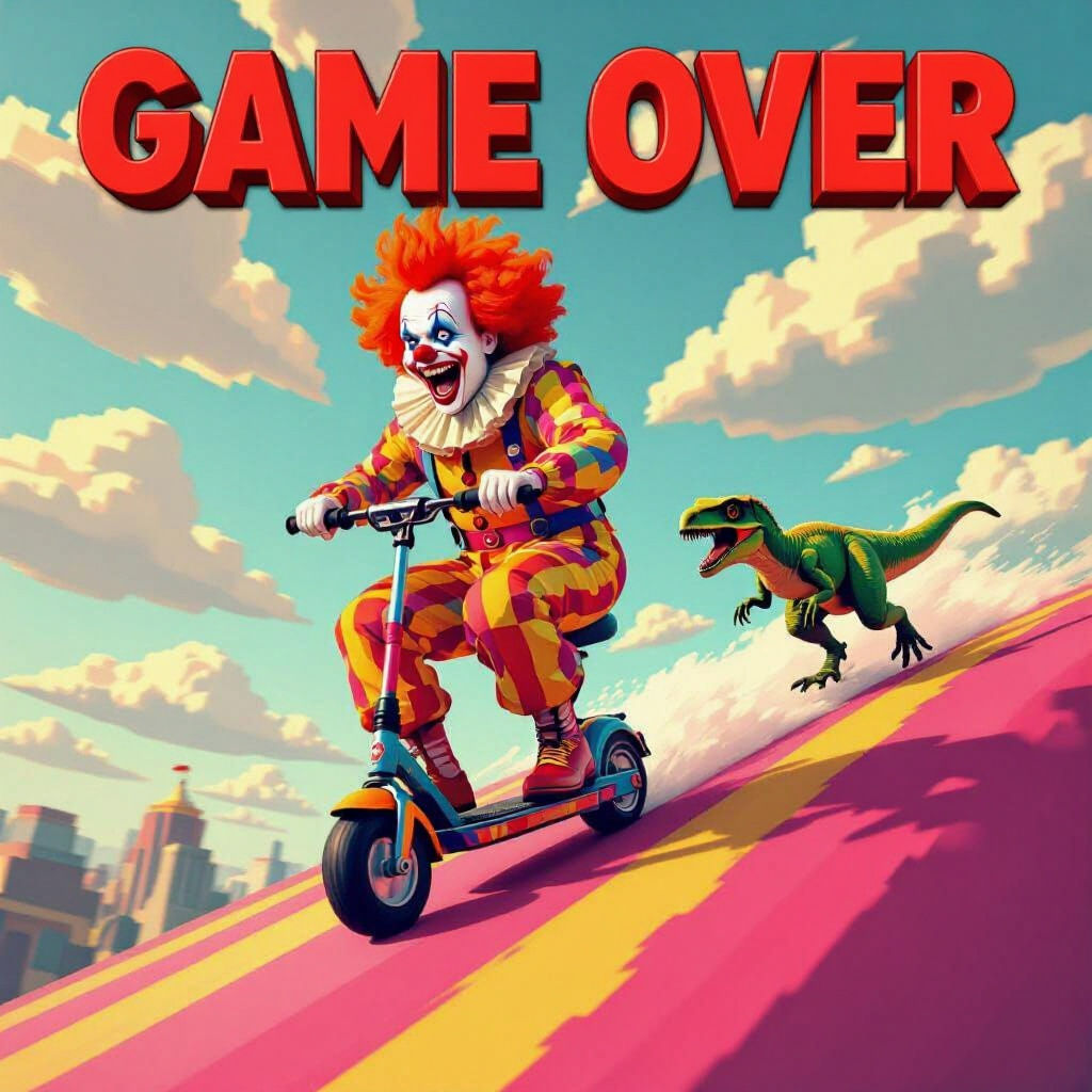 Clown's Pixelated Escape From Velociraptor in 8-bit Style