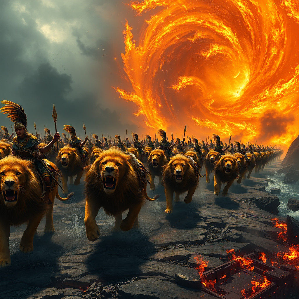 Lion Army Confronts Fire Giant on Ravaged Coast
