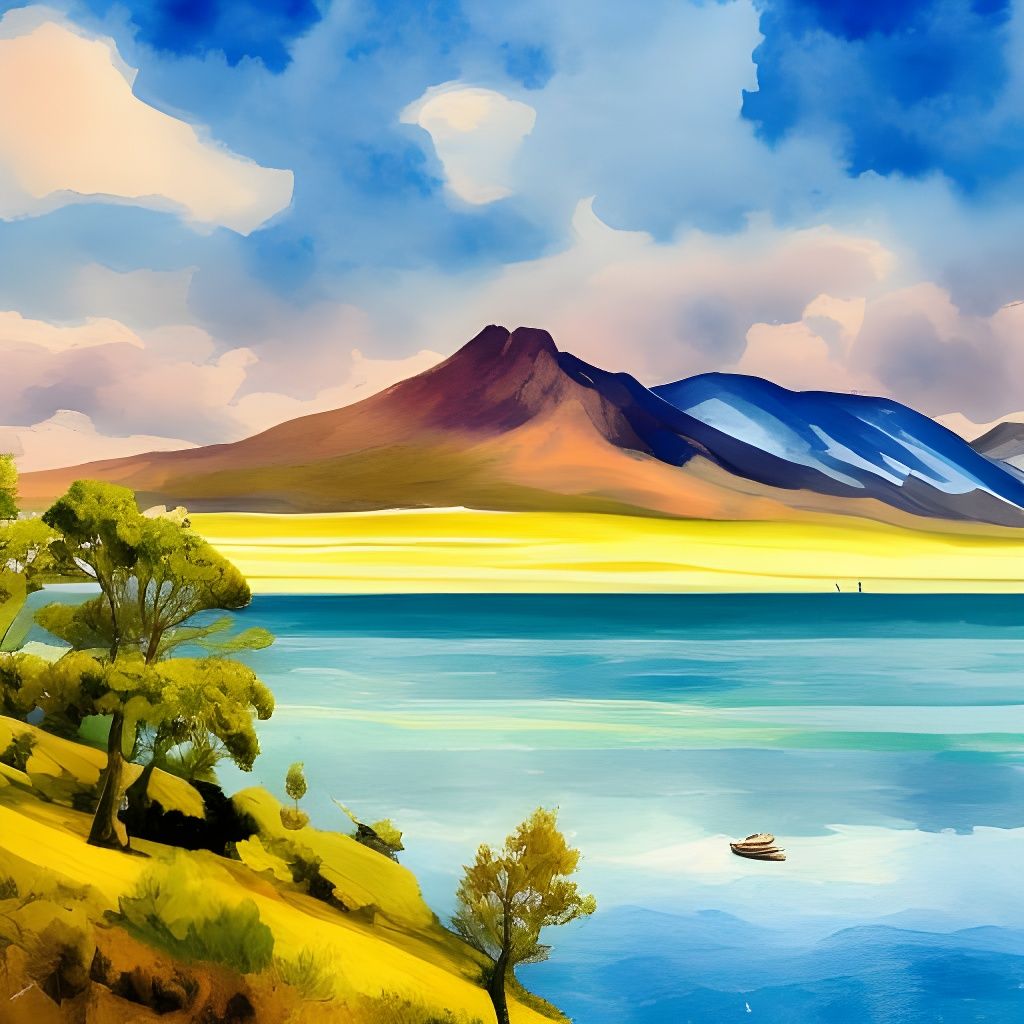 Majestic Mountains Reflected in Lake, Gouache Style