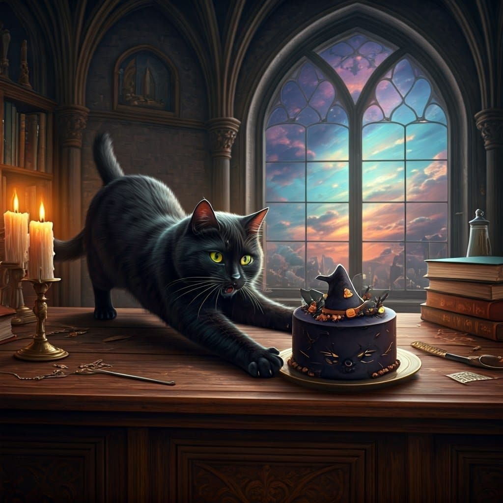 Black Cat About to Wreck Halloween Cake