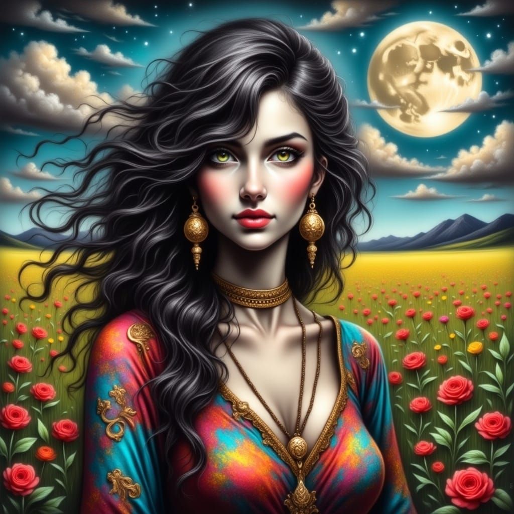 Hippy Woman in Flower Field Watercolor Painting