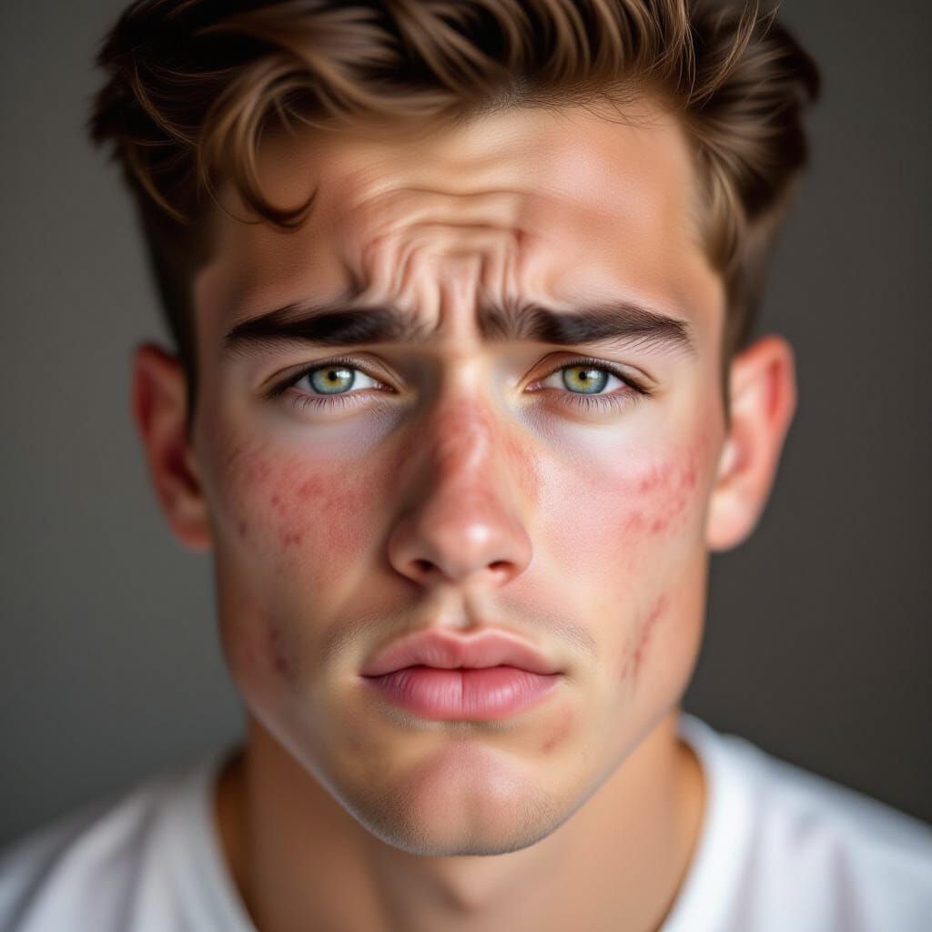 Man with Inflamed Acne in Stark Photographic Style