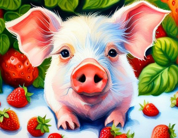 Piglet in Strawberries: Hyperrealistic Watercolour Impasto