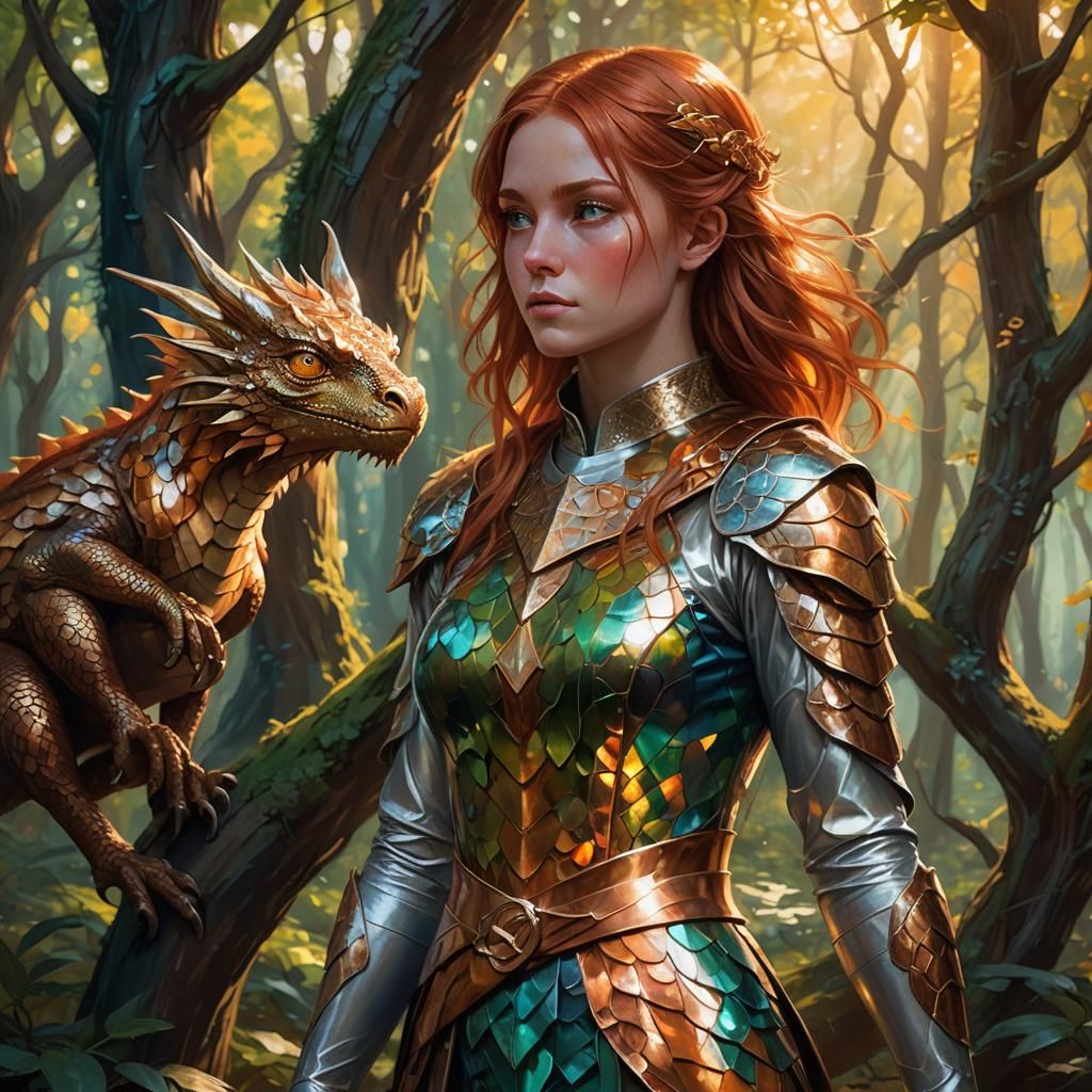 Girl with Dragon in Forest: Fantasy Concept Art