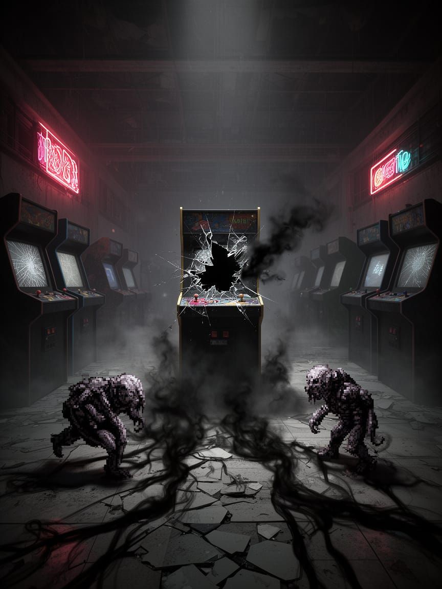 Abandoned Arcade Mall with Glitching Dimensional Rift