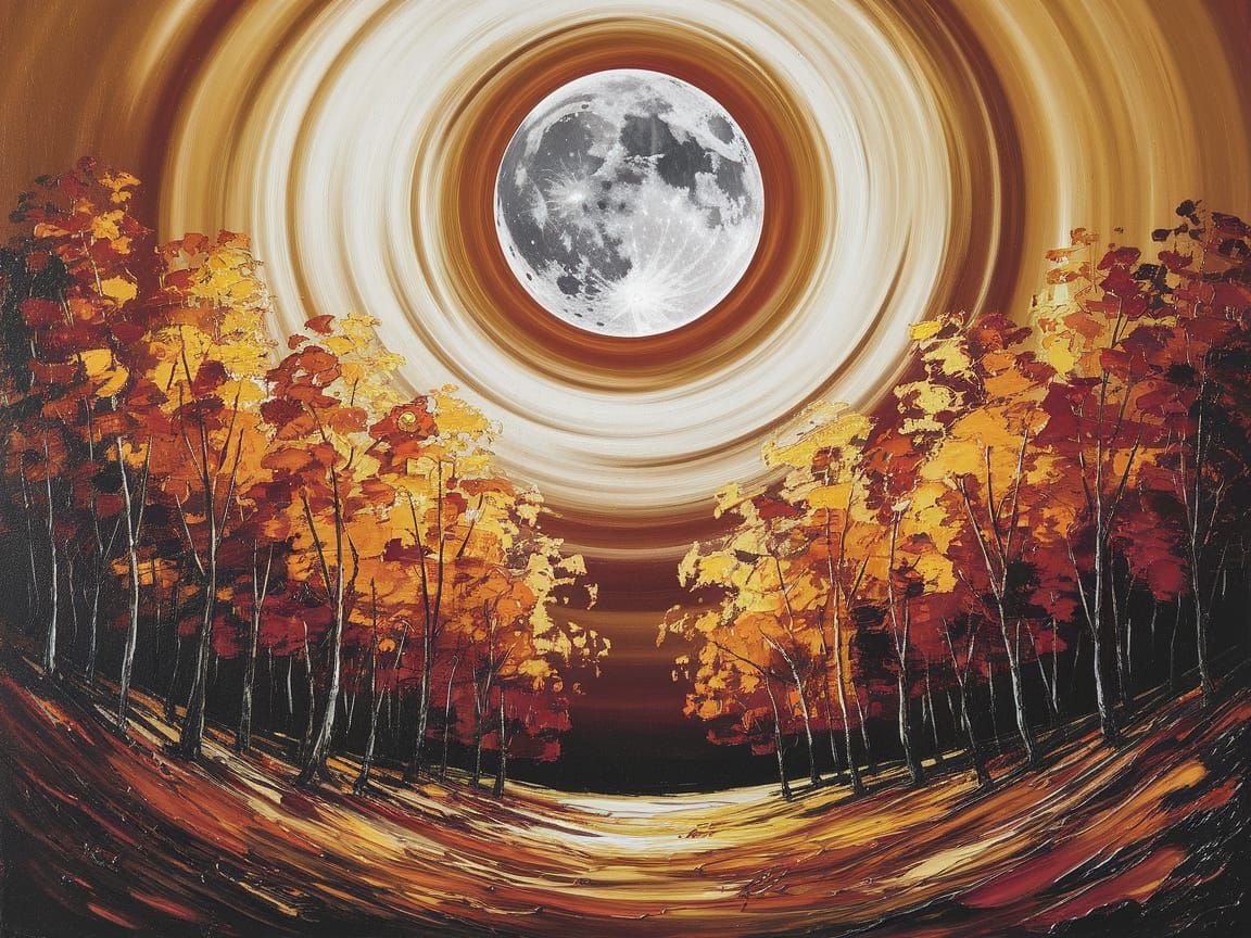 Harvest Moon Over Autumn Forest Expressionist Oil Painting