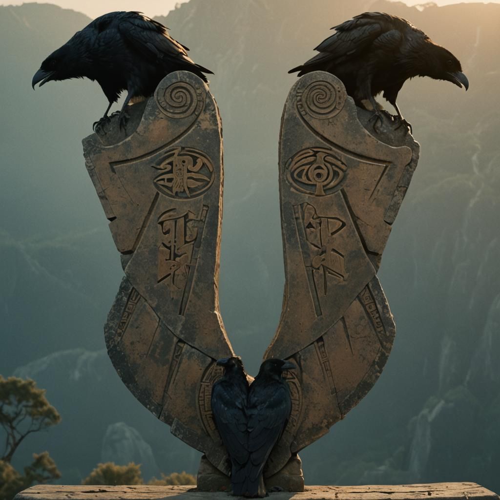 Ravens Perched Around Oden Symbol in Film Noir Style