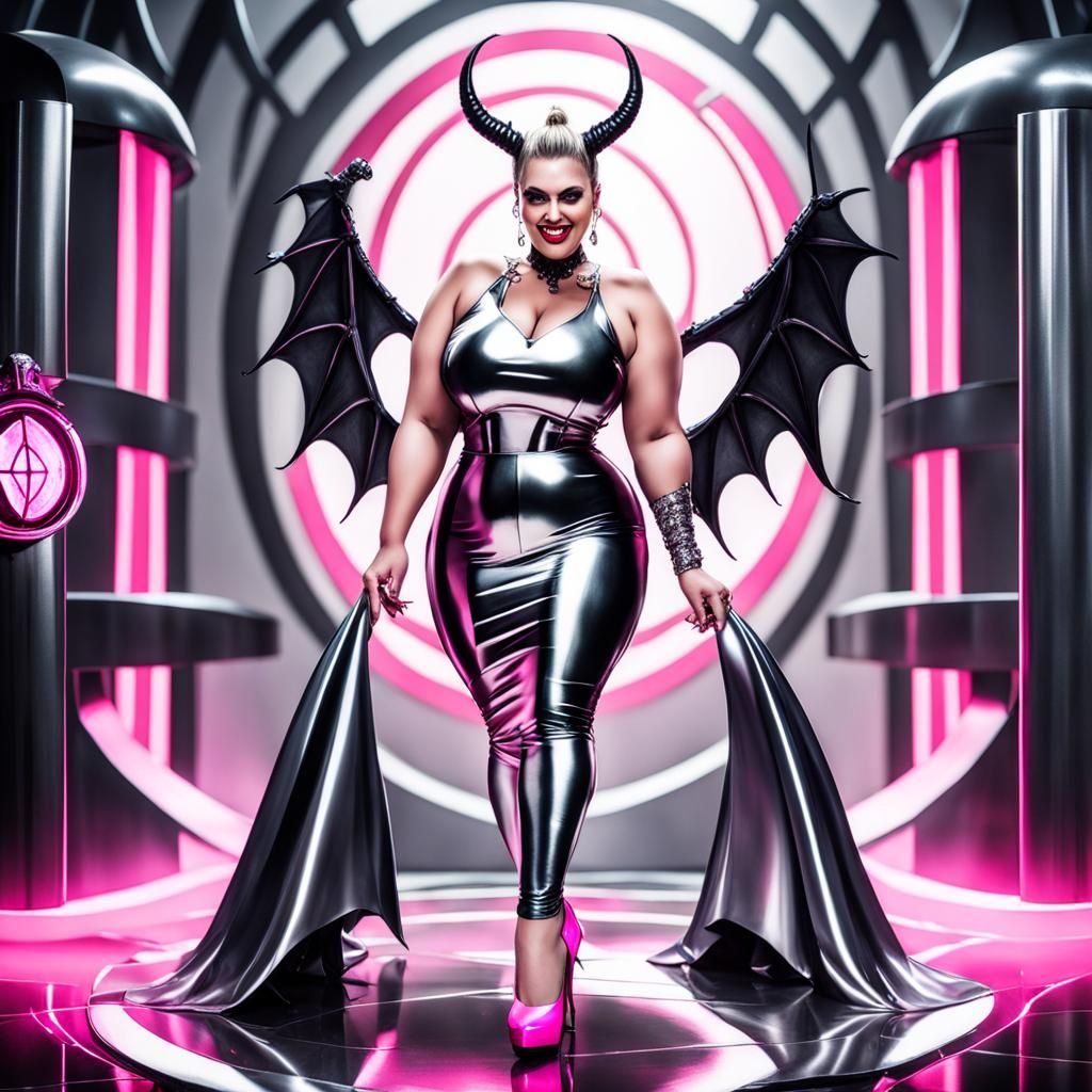 demoness, curvy body, big body, woman, completely black eyes, short silver latex top, her top is silver latex, pink late...