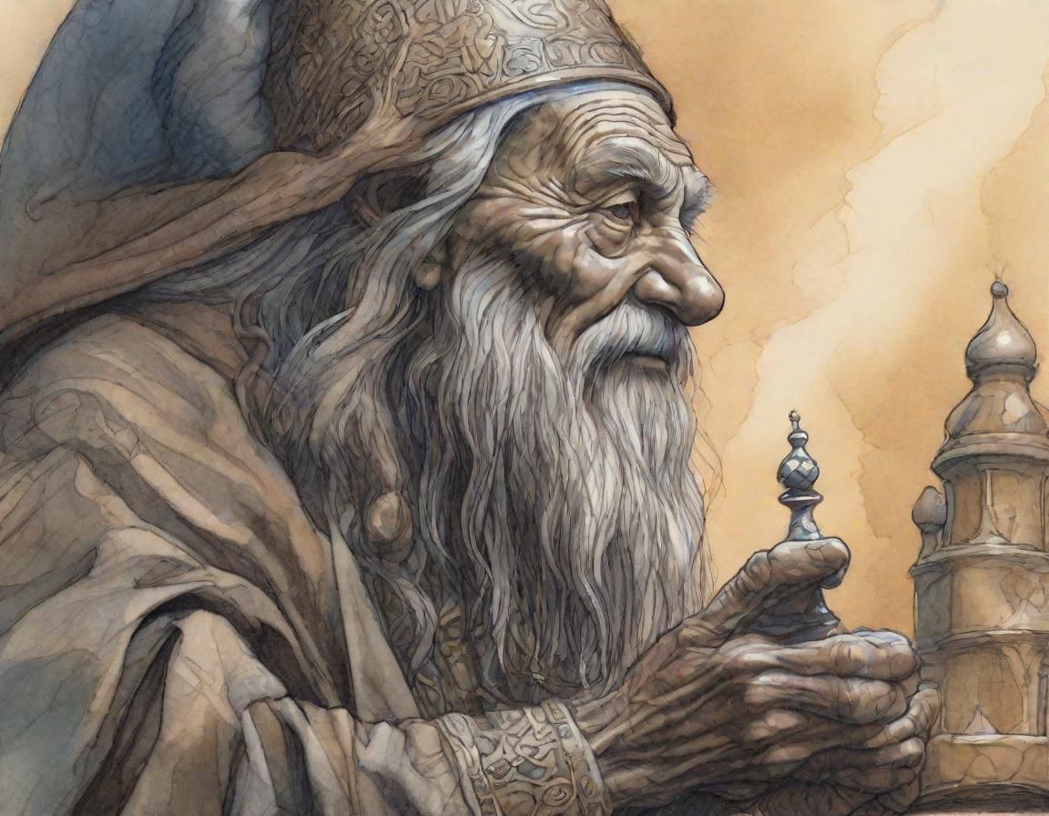 Old Mage with Chess Piece: Hyperrealistic Sketch