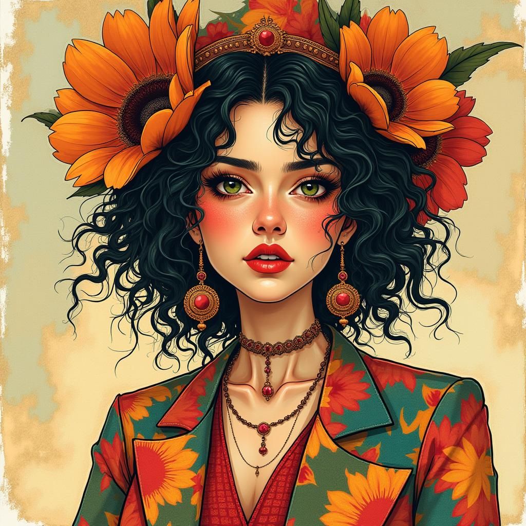 Eclectic Woman Portrait in Mixed Media Style