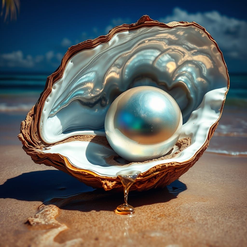 Giant Pearl in Oyster Shell on Tropical Beach