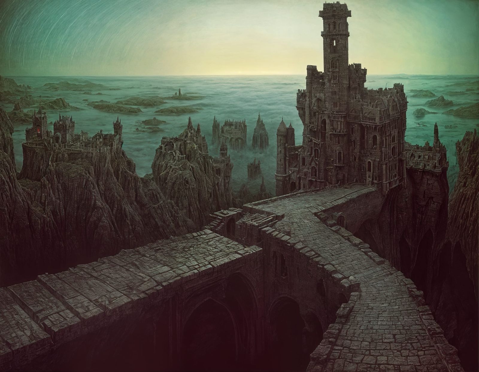 Surreal Castle with Drawbridges: Dark Dreamscape