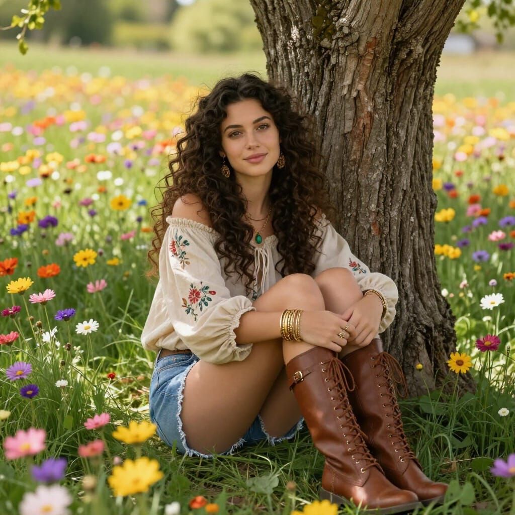 Woman in Meadow with Wildflowers, Bohemian Style Portrait