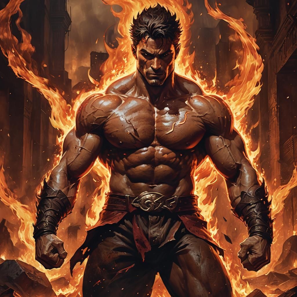 Shirtless Fighter Stands Boldly in Fiery Depths of Hell