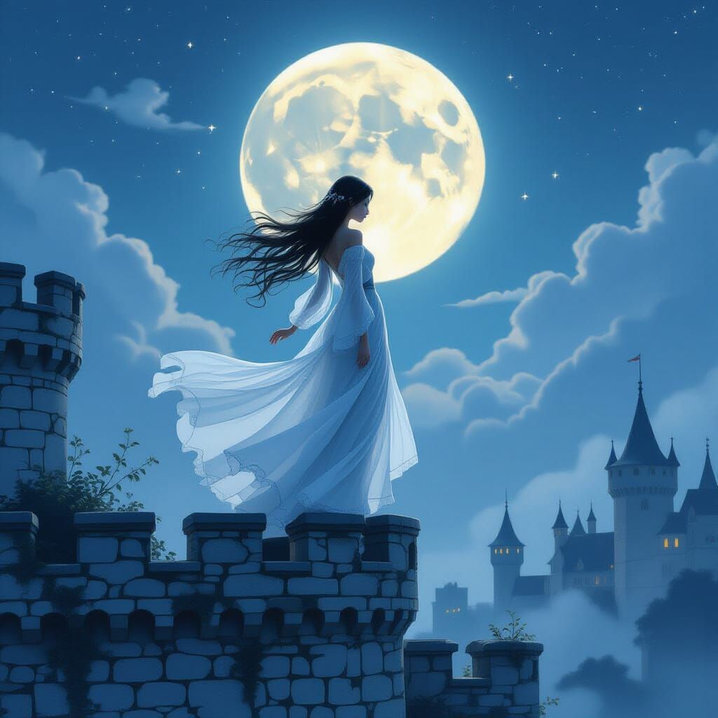 Ethereal Maiden Dances on Castle Walls Under Moonlight