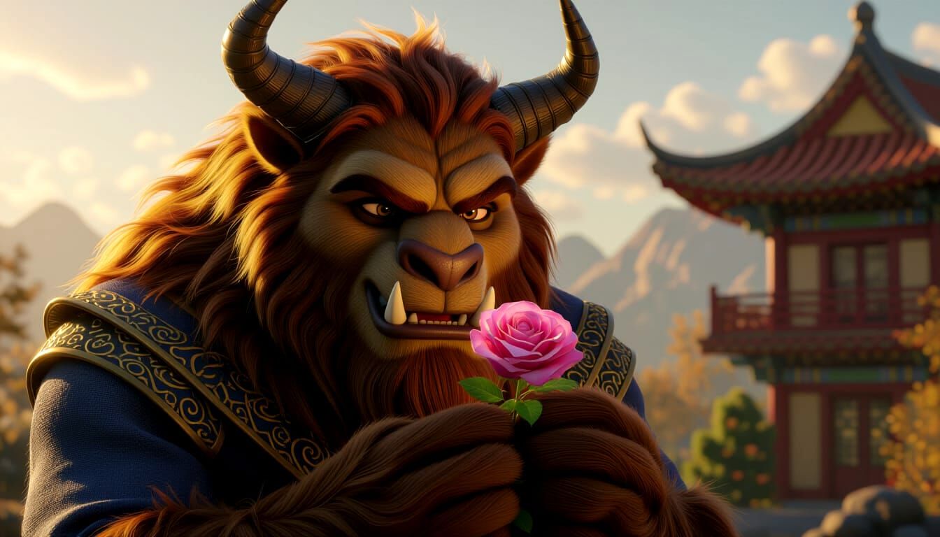 Tender Beast with Rose in Disney 3D Style