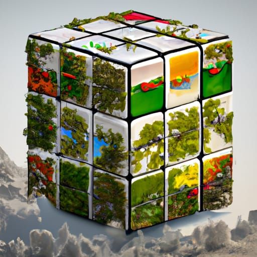 Surreal Rubik's Cube with Seasonal Country Scenes