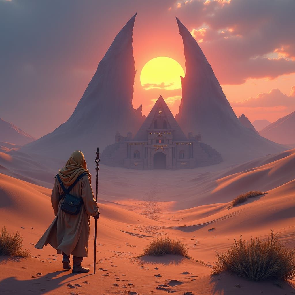 Mystical Desert Dwelling Sunset: High-Fantasy Digital Art