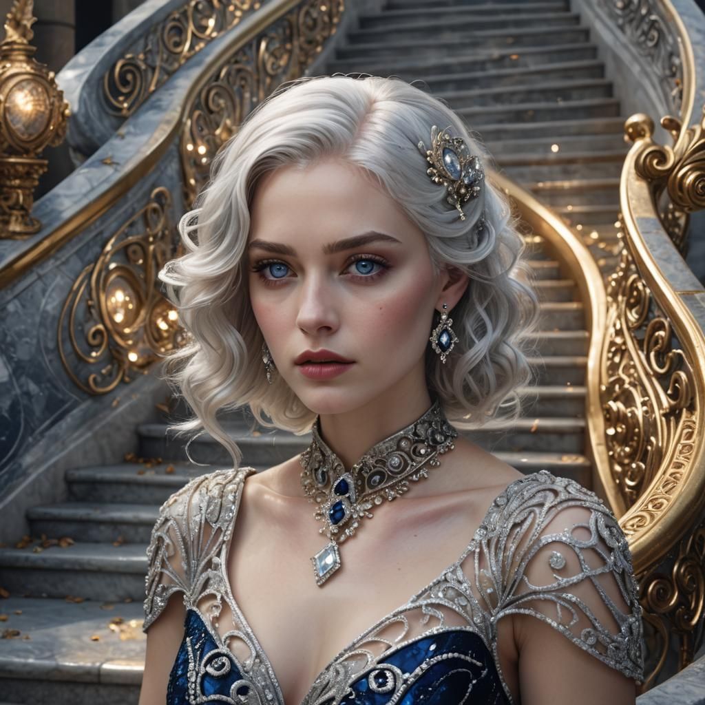 Silver-Haired Woman Descends Marble Stairs