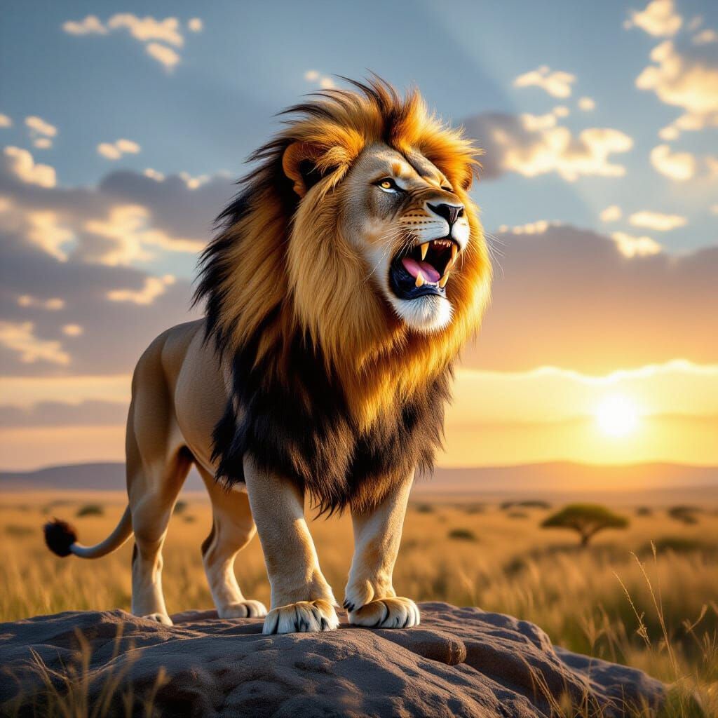 Gemstone Lion Roaring Over Sunlit Savanna
