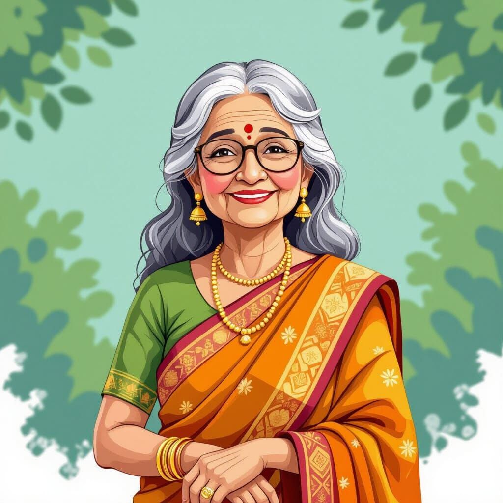 Children's Book Illustration: Kind Woman in Vibrant Sari
