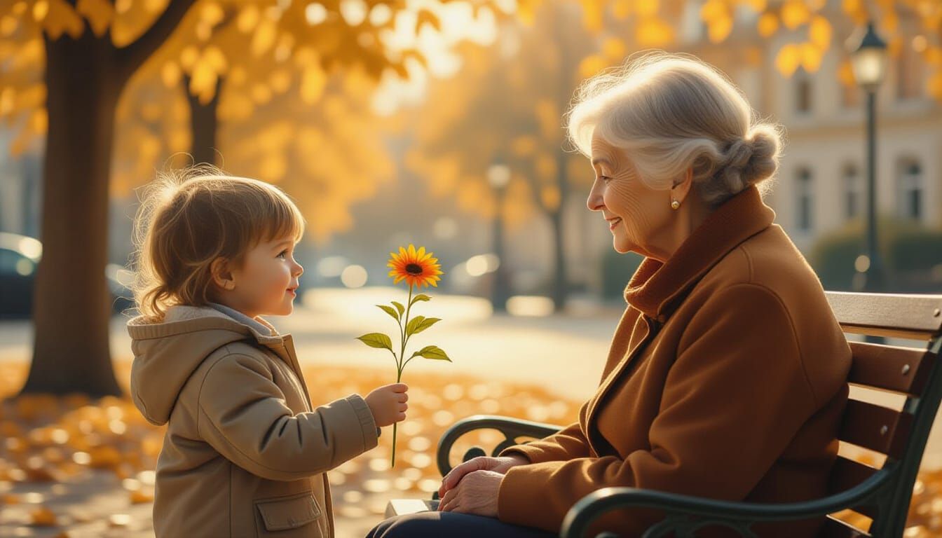 Child Offers Flower to Elderly Person in Autumn Sunlight