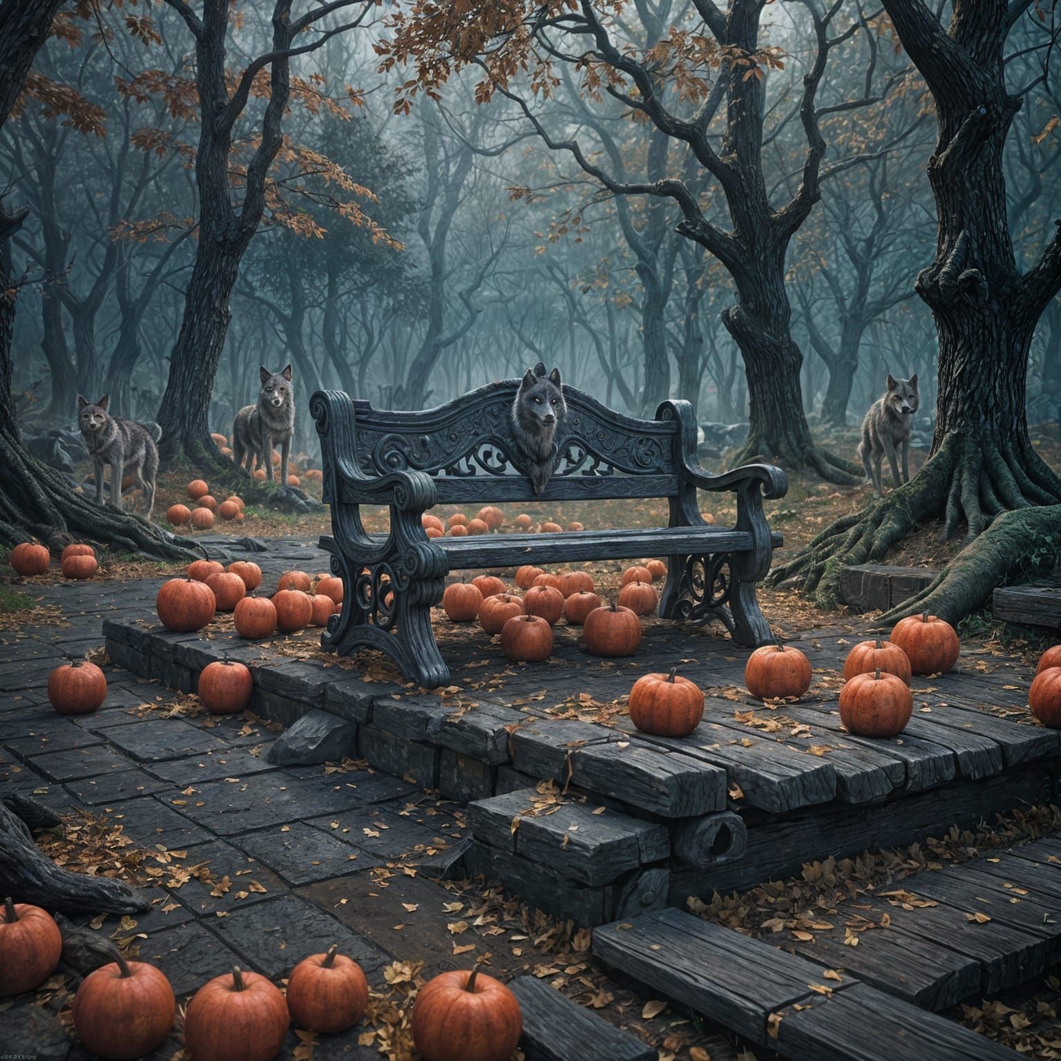 Spooky Wolves Guard Bench in Fantasy Landscape