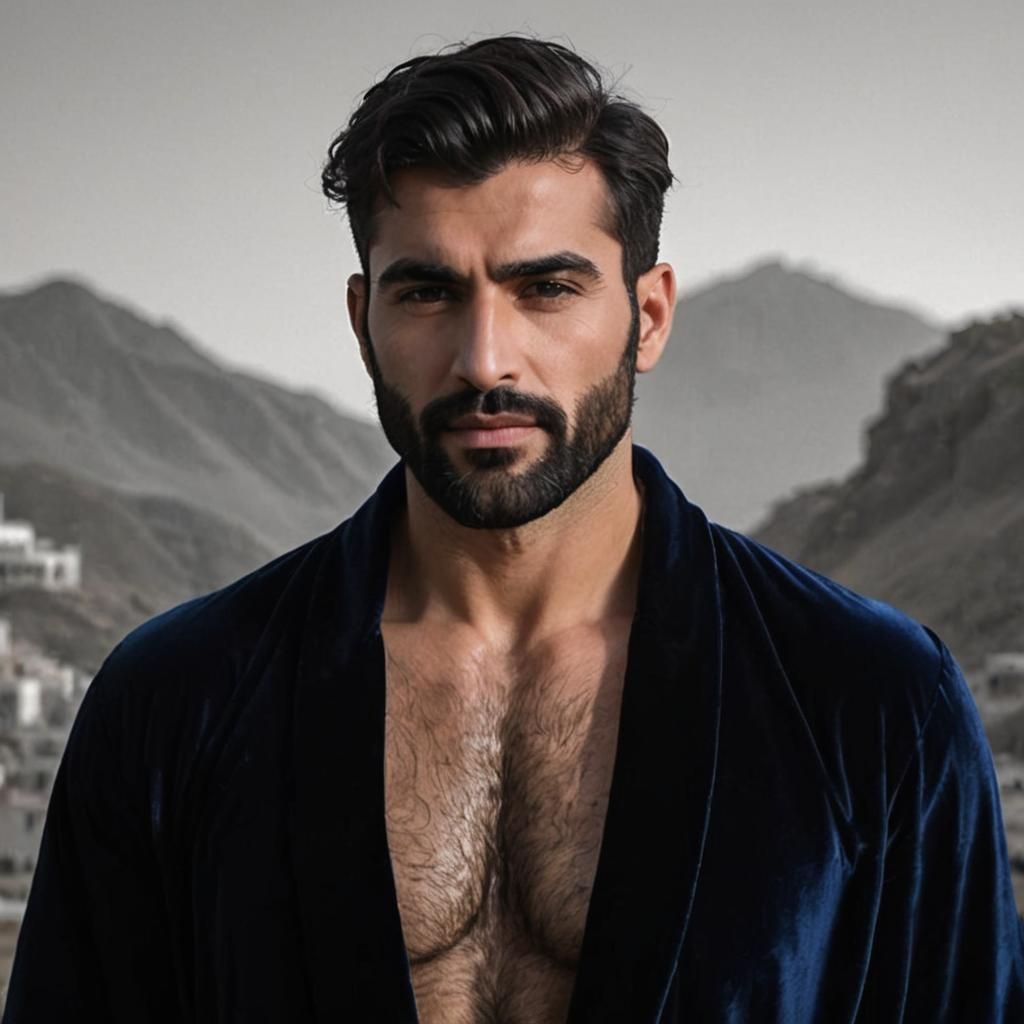 Handsome Hirsute Male in Velvet Bathrobe
