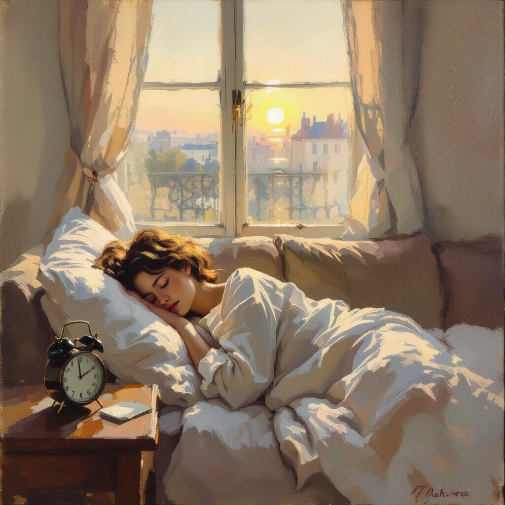 Peaceful Dawn Awakening: Sleeping Figure in Soft Oil Paintin...