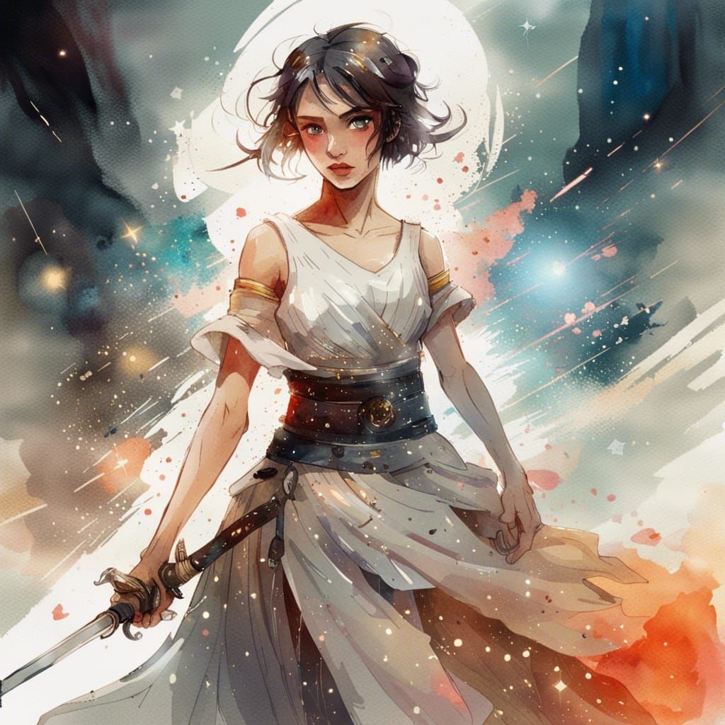 Battle-Ready Princess with Saber, Watercolor Style