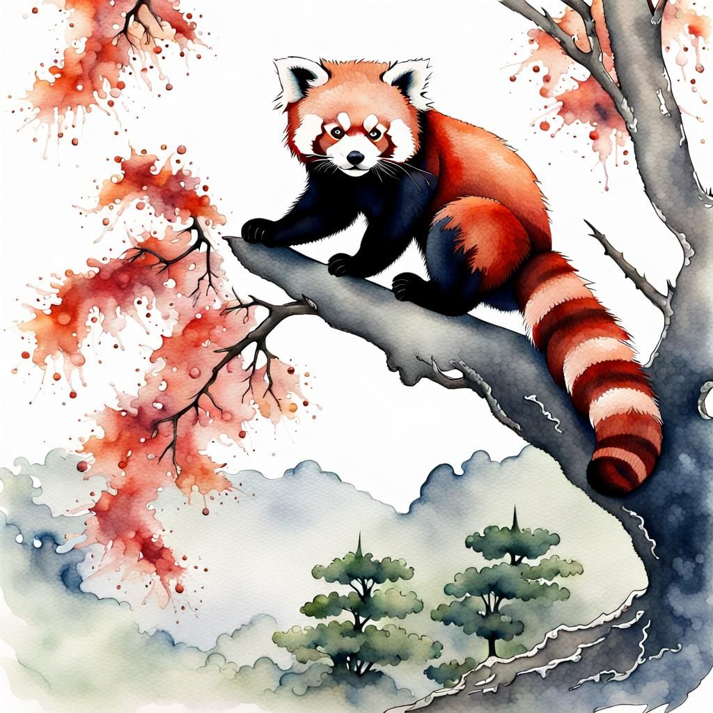 Red Panda on Bonsai Branch as Hokusai Print