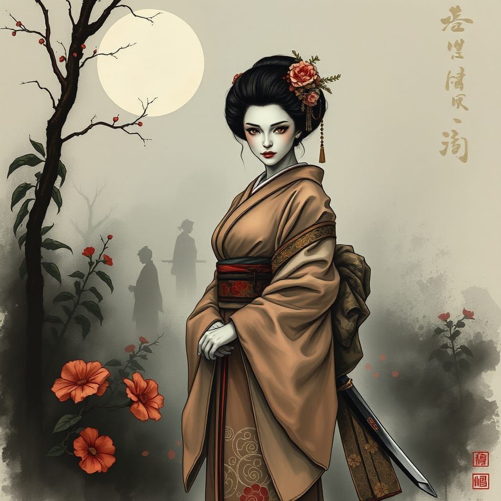 Serene Geisha Warrior in a Dreamlike Japanese Garden