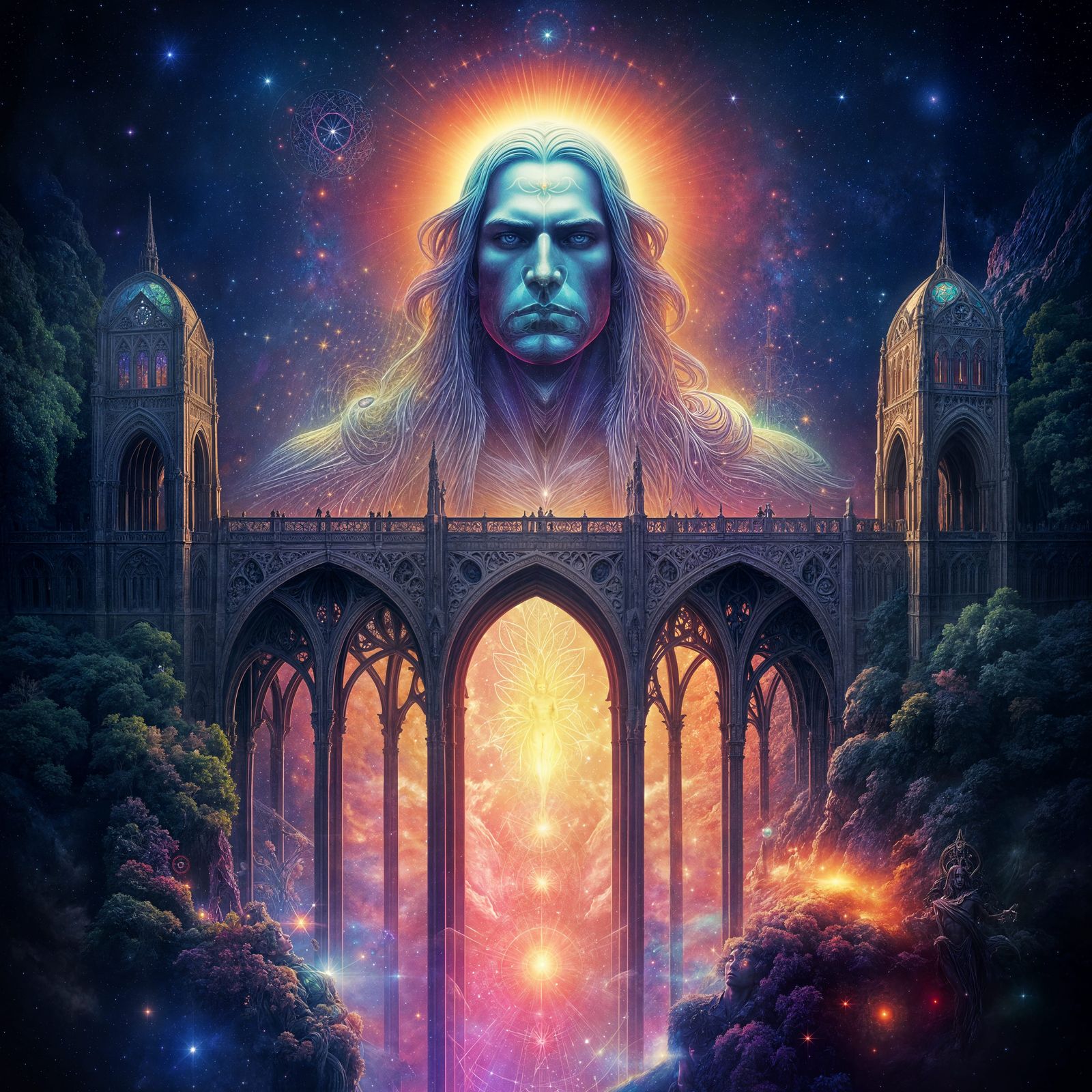Surreal Astral God Contemplates Gothic Bridge of Wonder