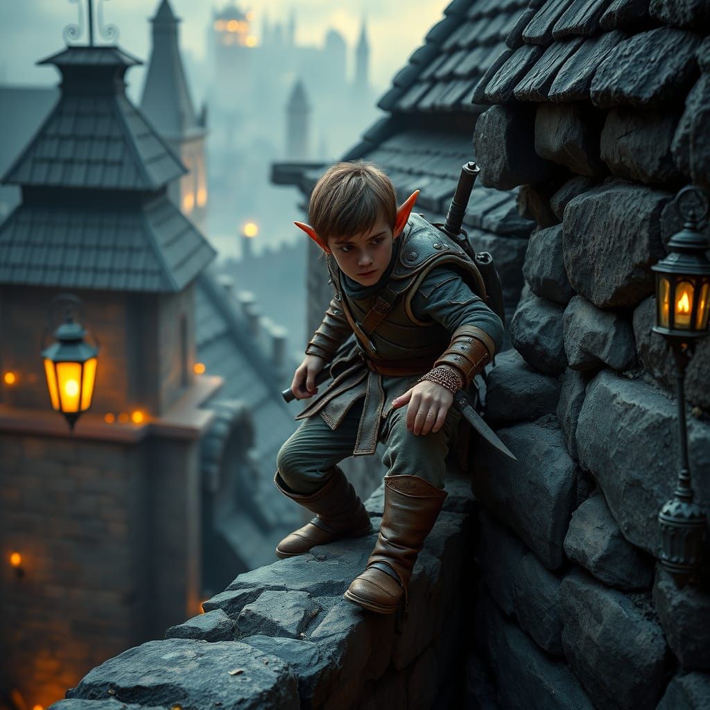 Medieval Halfling Thief Ascends Fantasy City Wall in Cinemat...
