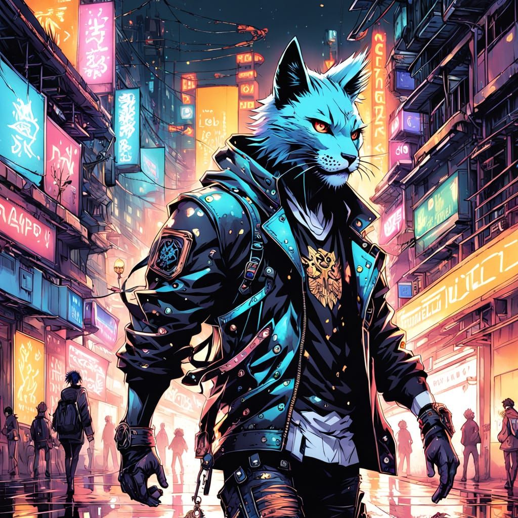 Cyberpunk Feline Warrior Sprints Through Dystopian City