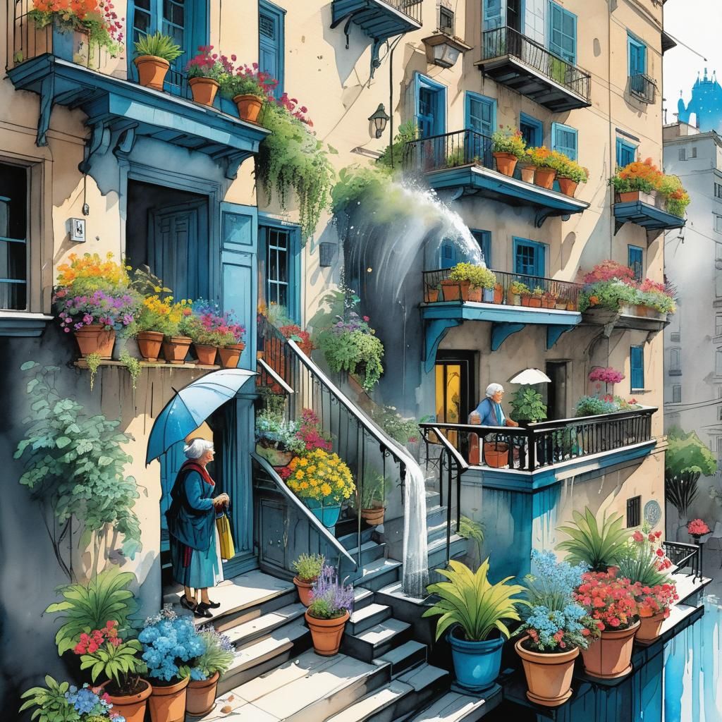 Watercolor Balcony Waterfall in Comic Book Style
