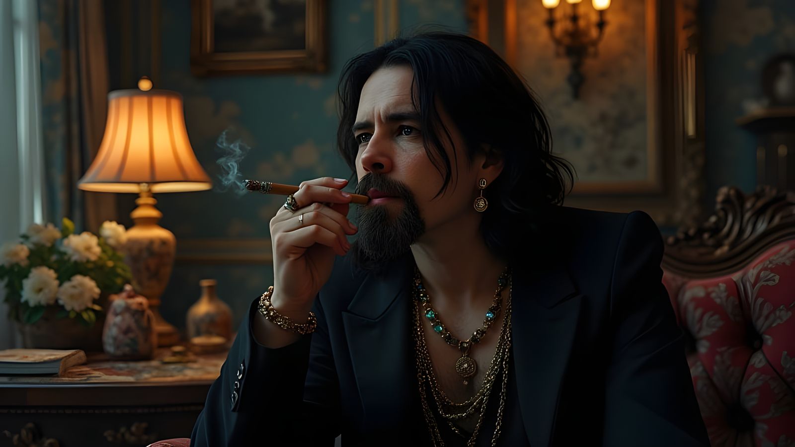 Noir Detective in Victorian Room with Cigar