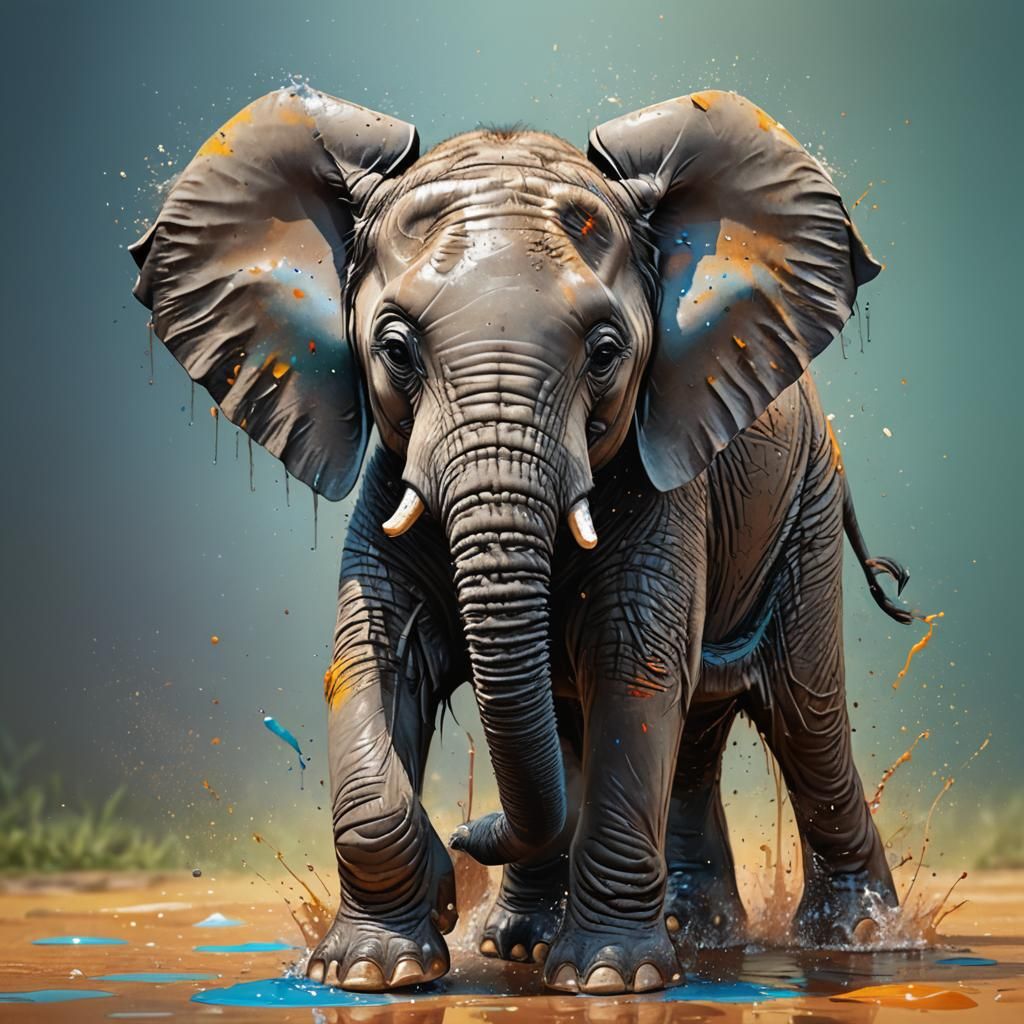 Hyperrealistic Baby Elephant in Splash Art Style