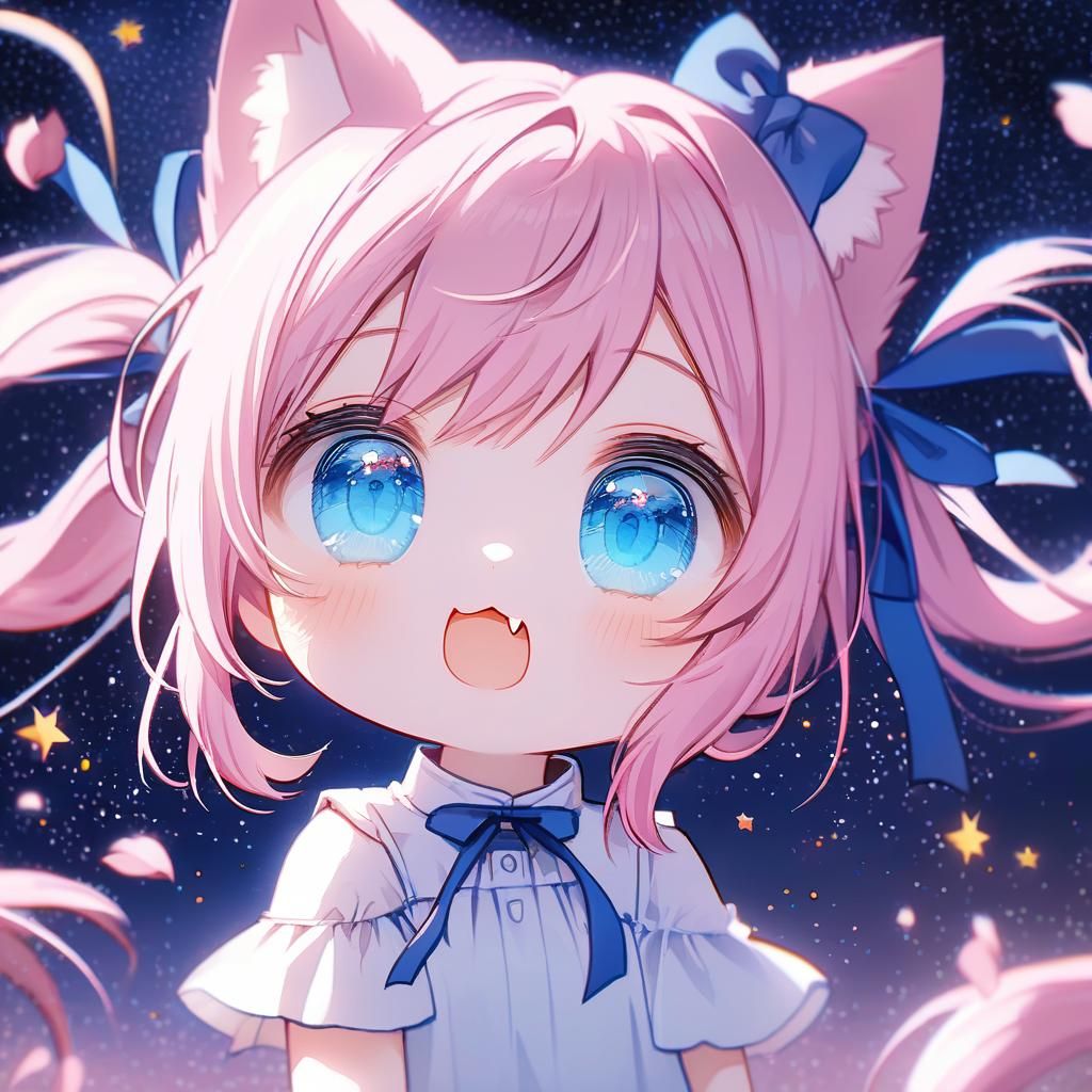 Cute Chibi Catgirl with Pink Flowers and Starry Sky