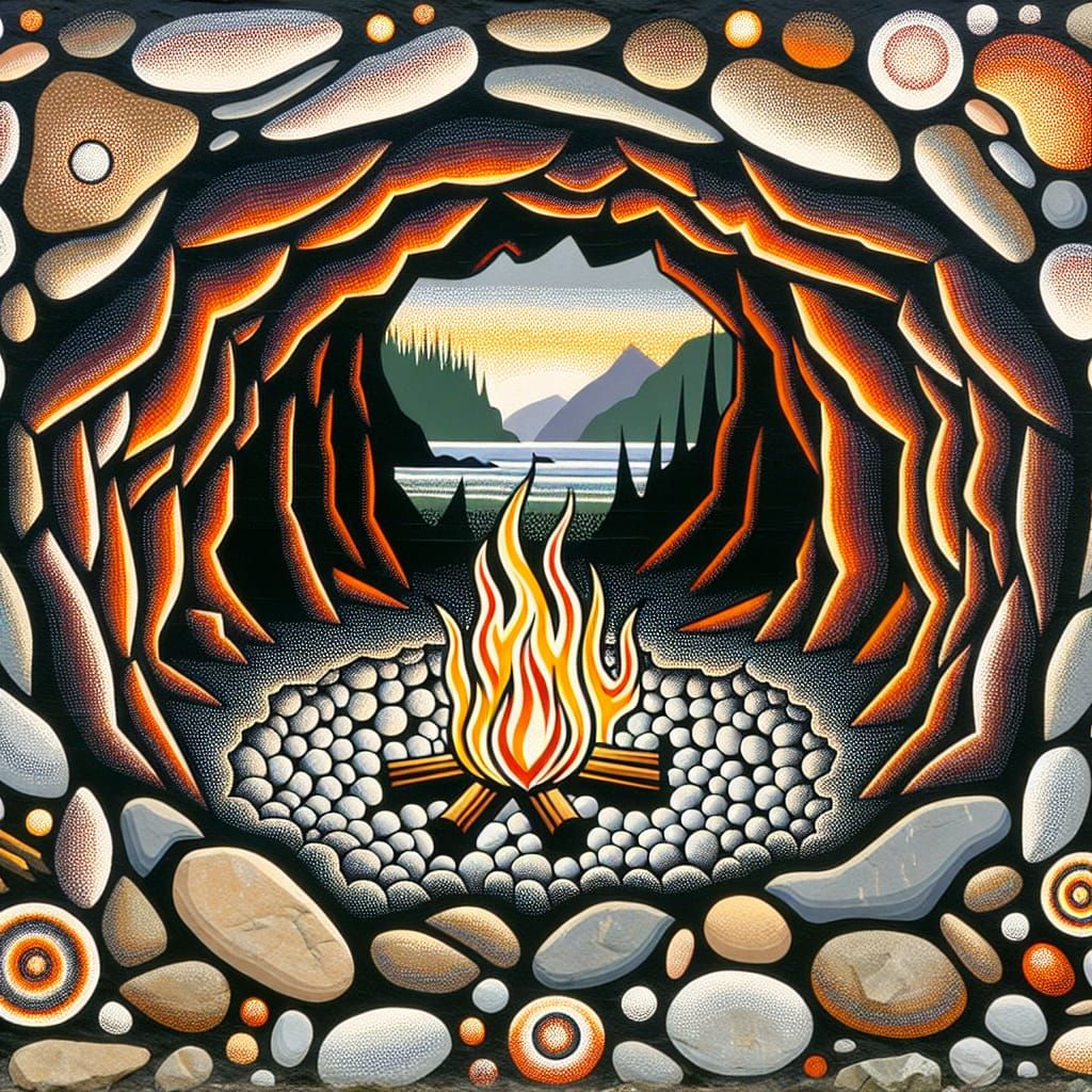 Pacific Northwest Cave Campfire in Folk Art Style