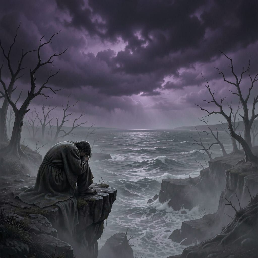 Figure on Cliff Overlooking Stormy Sea