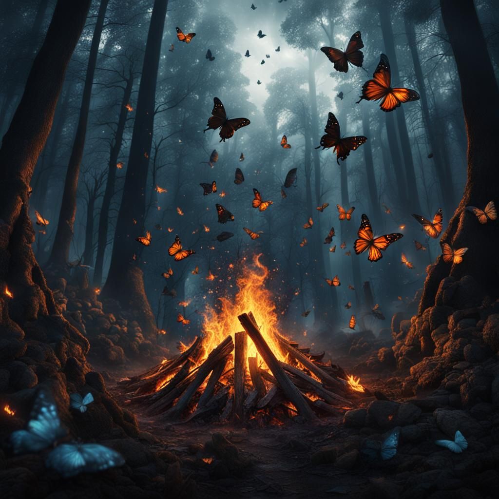 Bonfire in Dark Forest with Black Butterflies