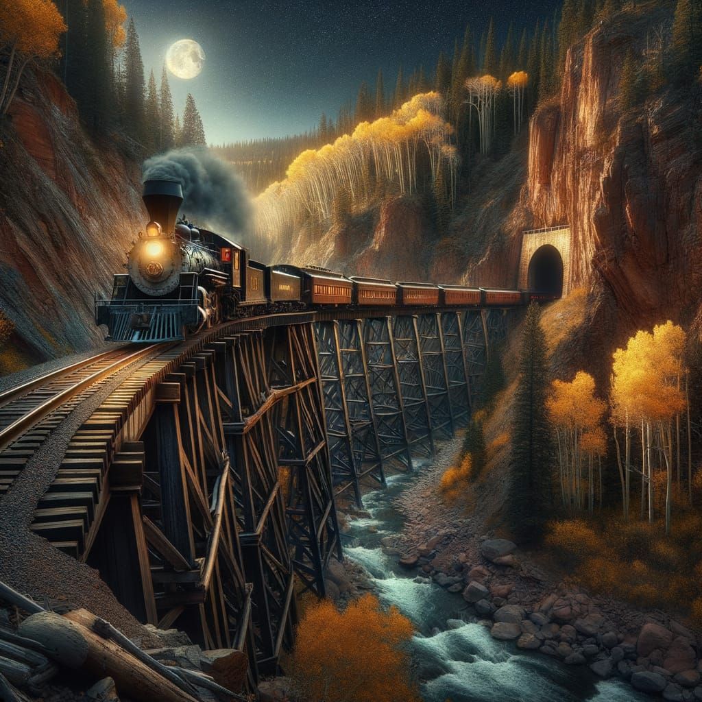 Rio Grande Train on Trestle Bridge Under Moonlight