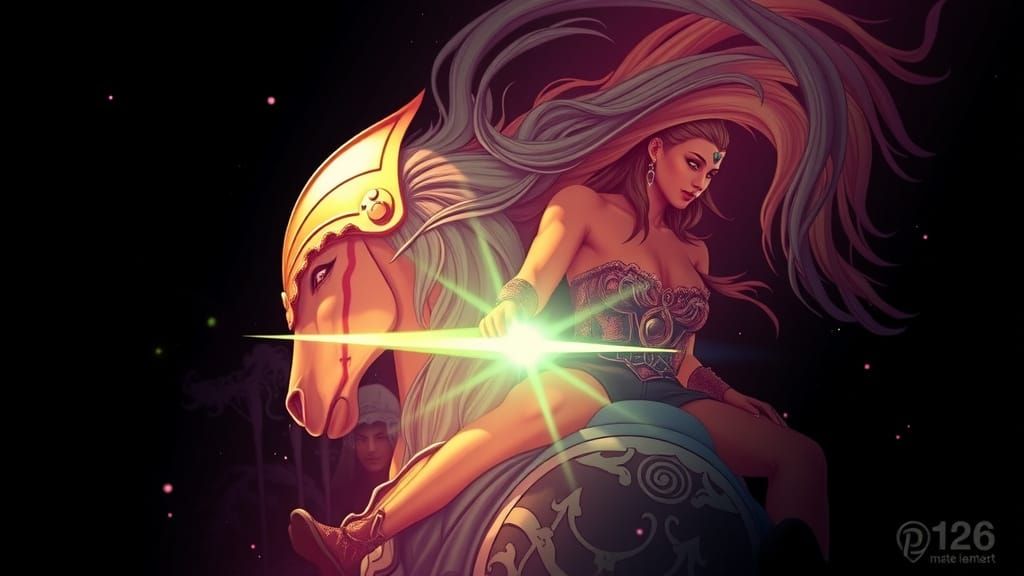 Amazon Warrior on Horseback in Mystical Forest